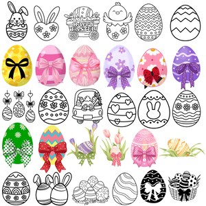 May include: A collection of Easter-themed illustrations featuring decorated eggs, bunnies, chicks, and a wagon with the text "Happy Easter." The designs include bows, floral patterns, and a car carrying a bunny.