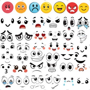 以下が含まれることがあります： 目、口、顔全体など、漫画の顔と顔の特徴のコレクション。顔は、幸せで笑顔から悲しみや怒りまで、さまざまな感情を示しています。カラーパレットには、赤、黄、青、黒が含まれています。