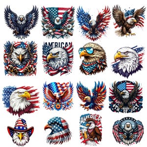 May include: A collection of sixteen illustrations of bald eagles, each with a unique design. The eagles are depicted in various poses, with wings spread, and are decorated with patriotic colors and symbols, including the American flag.
