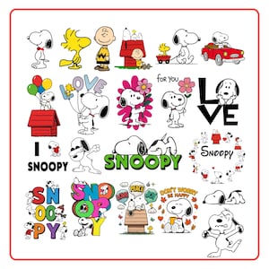 May include: A collection of Snoopy and Peanuts character illustrations. Snoopy is featured in various poses, holding balloons, flowers, and the word "LOVE." Other characters include Woodstock and Charlie Brown. The image includes the phrases "Snoopy," "Don't Worry Be Happy," and "Peace Joy."