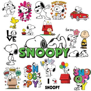 Pode incluir: Uma coleção de gráficos de Snoopy e Woodstock em várias poses. Snoopy é mostrado com flores, num carro vermelho e com as palavras "LOVE", "PEACE" e "JOY". A palavra "SNOOPY" está em letras verdes grandes, e a frase "DON'T WORRY BE HAPPY" também está presente.