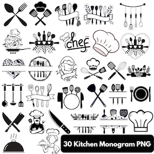 May include: A collection of 30 black and white kitchen-themed monogram designs. The images include various cooking utensils, chef hats, and decorative elements. Text in the image reads "30 Kitchen Monogram PNG".