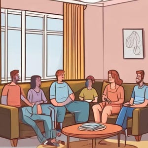 Puede incluir: Ilustración de una familia sentada en un sofá verde en una sala de estar. La habitación tiene una gran ventana con cortinas amarillas, una mesa de centro redonda y obras de arte enmarcadas. Los miembros de la familia vestían ropa informal.