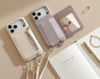 Crossbody iPhone Case with Zipper Wallet, Mirror, Lanyard – Artificial Leather