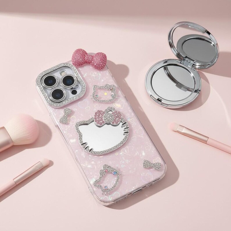 Hello Kitty 3D Glitter Phone Case with Makeup Mirror for iPhone 12 13 14 15 16 17 Pro Max image 4