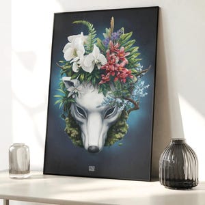 Japanische Wolf-Wandkunst – Dunkelflorales Wolf-Poster – Japandi-Dekoration – Botanische japanische Kunst – Asiatische Wanddekoration