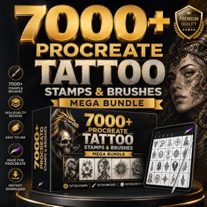 Op de afbeelding: Een digitaal productpakket met meer dan 7000 Procreate tattoo-stempels en penselen. De weergave bevat een zwarte doos met gouden tekst, een tablet met een raster van tattoo-ontwerpen en een stylus voor digitale apparaten.