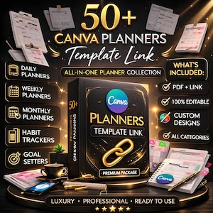 Puede incluir: Un anuncio de un enlace de plantilla de planificador digital. La imagen presenta una caja negra con el texto "Canva Planners Template Link" y "50+". La imagen también incluye iconos para planificadores diarios, semanales y mensuales, rastreadores de hábitos y fijadores de objetivos.