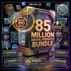 Peut inclure: Image publicitaire pour un ensemble de produits numériques, avec le texte "85 MILLION DIGITAL PRODUCTS BUNDLE". Comprend des icônes pour les ebooks, WordPress, Excel et graphiques. Le texte "MEGA BIG DEAL" et "LIMITED TIME OFFER" est également présent.