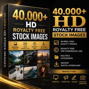 May include: A black and gold box with the text "40,000+ HD Royalty Free Stock Images." The box features images of landscapes, a camera, cityscapes, and a woman. Additional text includes "High Resolution," "Royalty Free," and "Instant Download."