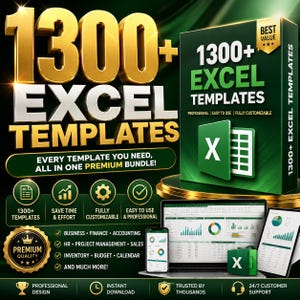 May include: A promotional image for 1300+ Excel templates. The image features a gold and white text overlay, a green box with the text "1300+ Excel Templates", and a laptop, phone, and tablet displaying Excel spreadsheets. The image also includes icons and text highlighting key features.
