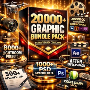May include: A digital design bundle pack with the text "20000+ GRAPHIC BUNDLE PACK" and "ULTIMATE DESIGN COLLECTION". The image includes graphics for Lightroom presets, resumes, Adobe CC, After Effects, and Corel Draw.