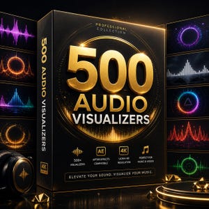 May include: A black box with gold lettering and graphics, advertising "500 Audio Visualizers." The text includes "Professional Collection," "AE After Effects Compatible," and "Ultra HD Resolution." The box also features a graphic of a sound wave and a musical note.