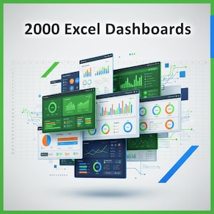 Può includere: L'immagine mostra diversi schermi di computer che mostrano dashboard di Excel. Gli schermi presentano grafici e visualizzazioni di dati in verde, blu e arancione. Il testo "2000 Excel Dashboards" è in alto.