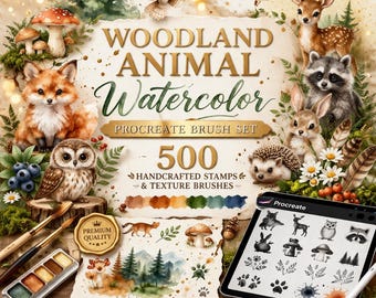 Pinceles de acuarela de animales del bosque para Procreate: 500 sellos de bosque (descarga digital)