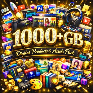 Puede incluir: Una vibrante composición de arte digital con el texto "1000+ GB Digital Products & Assets Pack" en oro. La imagen incluye una cámara, auriculares, un cohete y varios elementos de arte digital, sobre un fondo oscuro con destellos dorados.