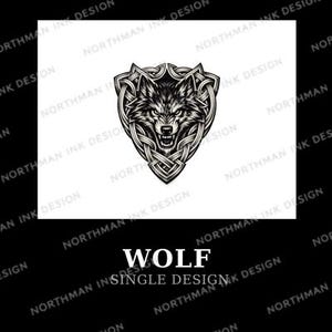 May include: Black and white wolf head design with Celtic knotwork, set against a white background. The word "WOLF" is displayed in white text below the design, with "SINGLE DESIGN" underneath. The design is from Northman Ink Design.