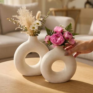 White Ceramic Circular Vase Set, Modern Hollow Geometric Donut Decor for Minimalist Boho Homes