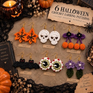 Pode incluir: Seis pares de brincos de crochê feitos à mão com temas de Halloween: folhas laranja, caveiras brancas, abóboras roxas e laranja, morcegos pretos com olhos vermelhos, globos oculares verdes e brancos e flores roxas com folhas verdes.