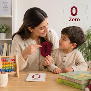May include: A dark red crocheted number zero shape held up for display. On the table sits a wooden abacus, a white card with the number zero and the text 'Zero' printed on it, and a stack of books titled 'Numbers' and 'My First Numbers'.