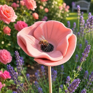 Könnte beinhalten: Ein dekorativer Gartenstecker in Form einer großen, geformten rosa Blume mit gewellten Blütenblättern und einer texturierten schwarzen Mitte. Eine Honigbiene sitzt auf dem dunklen Zentrum der Blume. Die Skulptur ruht auf einem dünnen Holzstab.