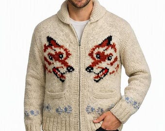 Unisex Fox Project Hail Cardigan-Stil Handgestrickter Wollpullover mit Reißverschluss