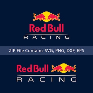 May include: Two Red Bull Racing logos are shown on a dark blue background. The logo includes two red bulls, a yellow circle, and the words "Red Bull" in red and "RACING" in white. The text "ZIP File Contains SVG, PNG, DXX, EPS" is also present.