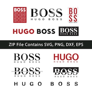 Pode incluir: Uma coleção de logotipos da Hugo Boss em vários designs. Os logotipos apresentam a palavra "BOSS" em diferentes fontes e cores, incluindo vermelho e preto. O texto "HUGO BOSS" também está presente em alguns logotipos. A imagem inclui o texto "ZIP File Contains SVG, PNG, DXF, EPS".