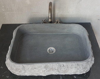Natural Stone Vessel Sink Raw Edge Basalt Bathroom Washbasin Handcrafted Concrete Gray Basin