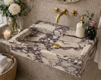 Calacatta Viola Marble Sink -  Wall Mounted Basin, with drawers Sink, Custom Bathroom Vanity, Sinks