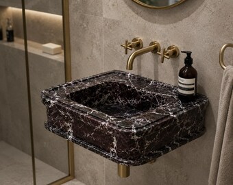 Rosso Levanto Marble Sink Handmade Floating Natural Stone Wall Mounted Bathroom Vessel Basin Vanity