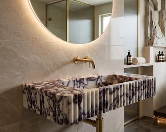 Calacatta Viola Marble Sink Wall Mounted Ribbed Vanity Handcrafted Fluted Natural Stone Bathroom Decor