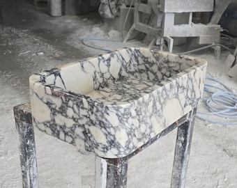 Calacatta Viola Marble Sink, Custom Calacatta Bathroom Wall Mounted Stone Basin, with drawers