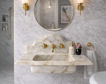 Calacatta Gold Marble Sink, Custom Bathroom Wall Mounted Stone Basin, Vanity Sink
