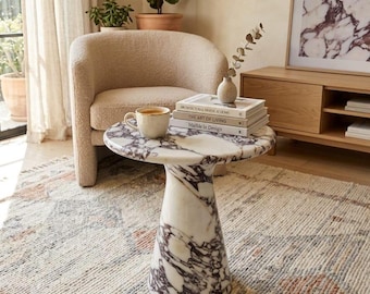 Calacatta Viola Marble Side Table, Round Coffee Tables, Natural Stone End Table, Luxury Furniture
