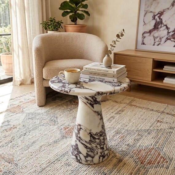 Calacatta Viola Marble Side Table, Round Coffee Tables, Natural Stone End Table, Luxury Furniture