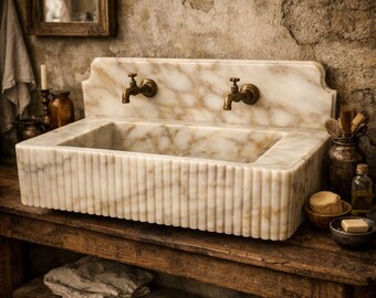 Gold Marble Sink With Shelf – Custom Calacatta Bathroom Wall Mounted Stone Basin, Vanity Sink