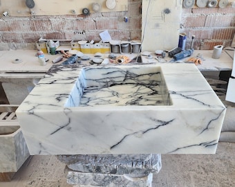 Calacatta Viola Marble Sink Monolithic Floating Vanity With Metal Stand Hand Carved Artisan Bath