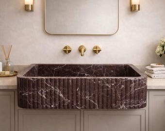 Rosso Levanto Marble Sink, Hand Carved Grooved Vanity Basin, Wall Mounted Bathroom