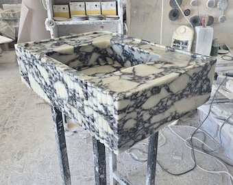 Calacatta Viola Marble Sink, Custom Calacatta Bathroom Wall Mounted Stone Basin, with drawers