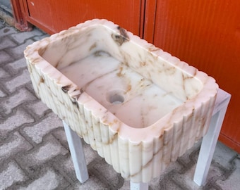 Calacatta Gold Marble Sink - Custom Calacatta Bathroom Wall Mounted Stone Basin, Drawers