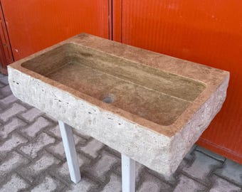 Wall-Mounted Travertine Washbasin And Bathroom Cabinet, Wall-Hung Marble Washbasin, Custom-Designed Stone Sink