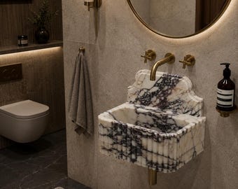 Handmade Calacatta Viola Marble Sink Floating Natural Stone Wall Mounted Bathroom Vessel Basin Vanity