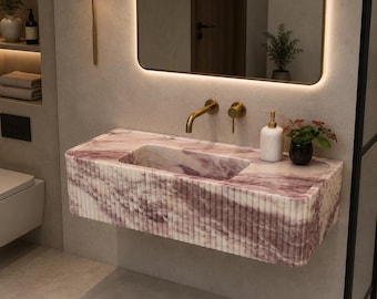 Lavabo moderno de pared de ónix rosa, tocador de baño flotante hecho a mano en piedra natural.