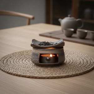 Peut inclure: Un chauffe-thé en céramique avec une bougie allumée à l'intérieur, surmonté de feuilles de thé en vrac. Le chauffe-thé est posé sur un dessous de plat tissé, avec une théière et des tasses en arrière-plan. Le chauffe-thé est de couleur marron rustique.