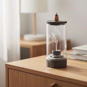 Peut inclure: Un brûleur d'encens moderne avec un cylindre en verre transparent et une base et un couvercle gris foncé. Un cône en bois est posé sur le couvercle. Des volutes de fumée s'élèvent de l'encens, créant une atmosphère apaisante.