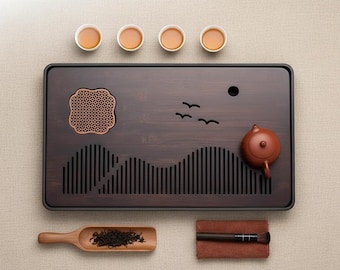 Bandeja de té con paisaje de montaña | Tabla de té Gongfu de madera oscura | Juego tradicional para la ceremonia del té