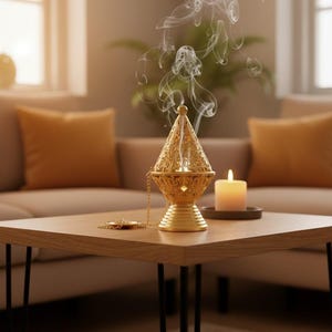 Peut inclure: Un brûleur d'encens doré avec des motifs ajourés, dégageant de la fumée. Une bougie allumée est posée sur un petit plateau sombre. Le brûleur est sur une table en bois avec des pieds noirs, devant un canapé beige avec des coussins orange.