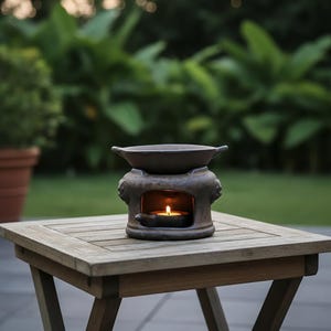 Peut inclure: Un diffuseur d'huiles essentielles en céramique marron avec une bougie allumée à l'intérieur, posé sur une table en bois. Le diffuseur a un dessus en forme de bol et des poignées latérales décoratives.