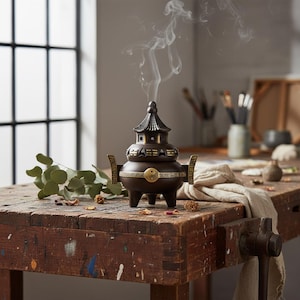 May include: A brown incense burner with a pagoda-style lid and gold accents. The burner features a Yin and Yang symbol and emits wisps of smoke. It sits on a rustic wooden table, suggesting a focus on home decor and aromatherapy.